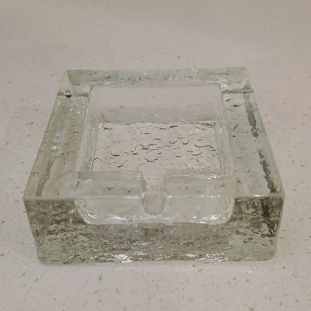 Crate & Barrel Square Textured Art Glass Ashtray MCM Style
